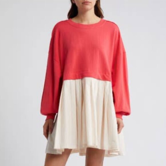 FREE PEOPLE Eleanor Slouchy Watermelon Wedge Combo Sweatshirt Dress Size L NWT - Picture 2 of 7